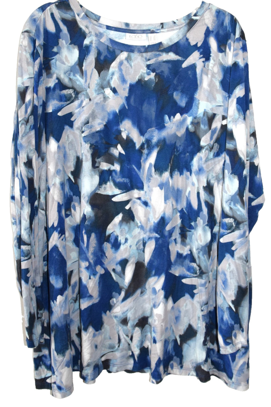 LOGO by Lori Goldstein Blue Floral Print L/S 90 rayon 10 span Tunic Plus Size 2X